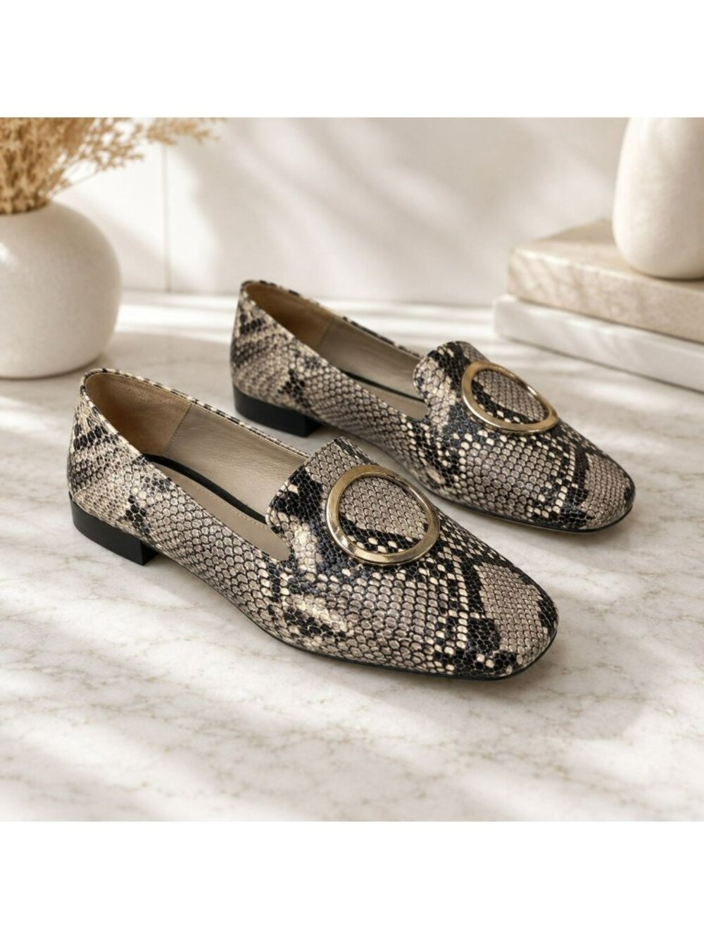 Massimo Dutti Snakeskin Print Loafers Gold Buckle Detail Womens EU 39